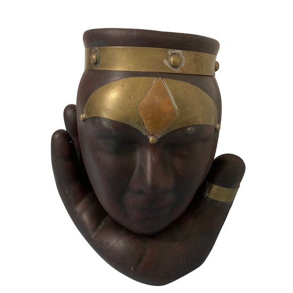 Ceramic Mid Century Head In Hand 2 Piece Figural Vase Urn Holder Metal Accents - Picture 1 of 10